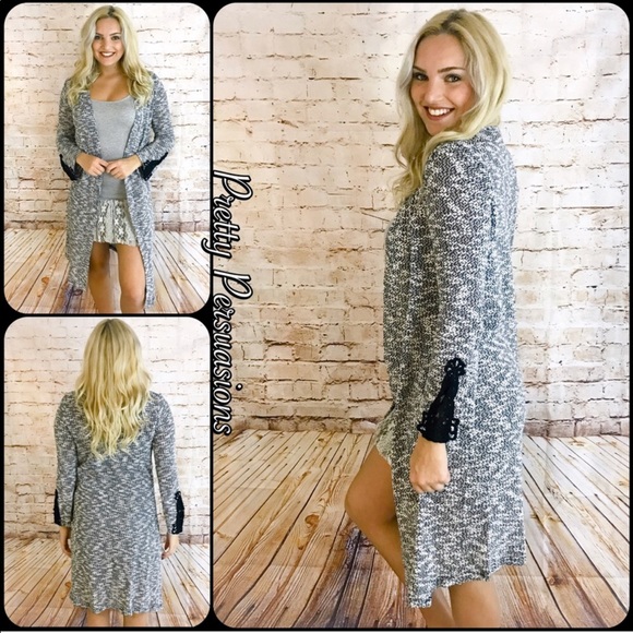 NWT Black Slub Knit Crochet Cuff Long Cardigan - Picture 2 of 8